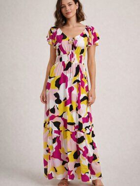 Nine West Pink and Yellow Maxi Dress